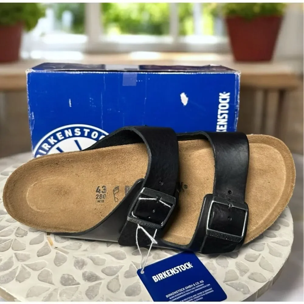 Birkenstock Arizona Grip Premium Leather Sandals Black Vintage Wood Unisex 43 EU